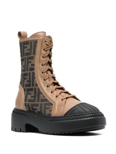 Shop Fendi Domino Ff Canvas Biker Boots In Brown