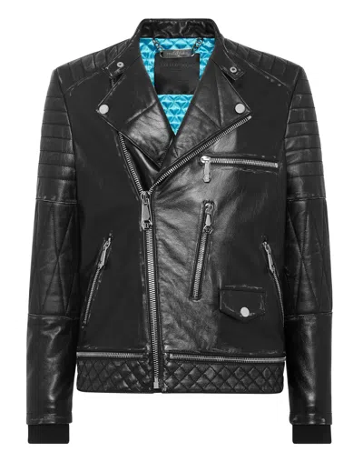 Philipp Plein Leather Biker Jacket In Black