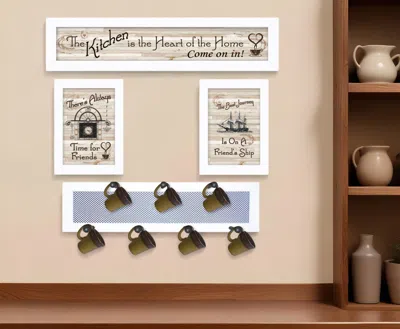 Homezia Set Of Four Kitchen Collection Vi With Seven Peg Mug Rack 4 White Framed Print Kitchen Wall Art