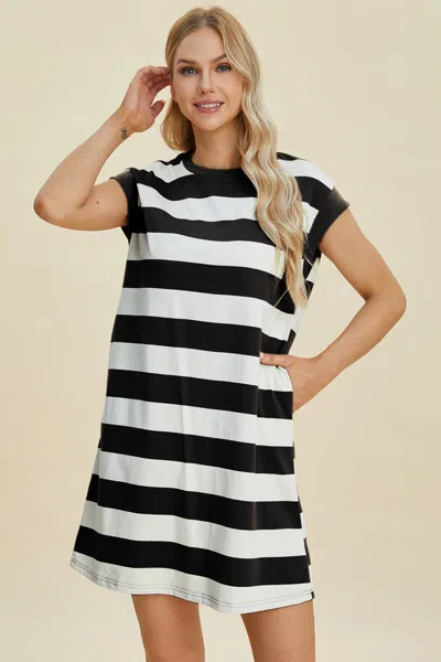 Fashnzfab Full Size Striped Round Neck Cap Sleeve Mini Dress In Black