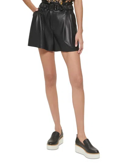 Dkny Flared Faux Leather Belted Shorts In Black