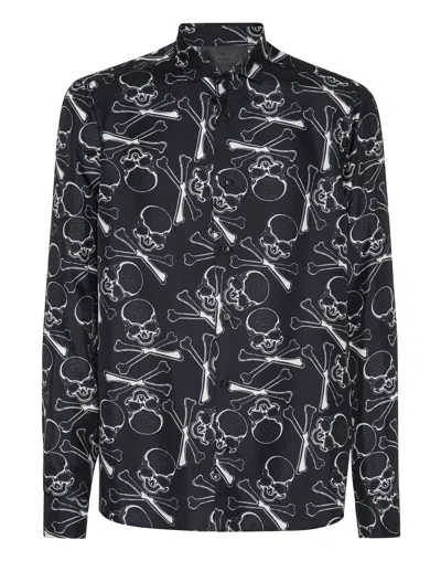 Philipp Plein Silk Dandy Shirt Skull & Bones In Black