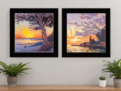 Homezia Set Of Two Carmel Beach And Lighthouse 4 Black Framed Print Wall Art