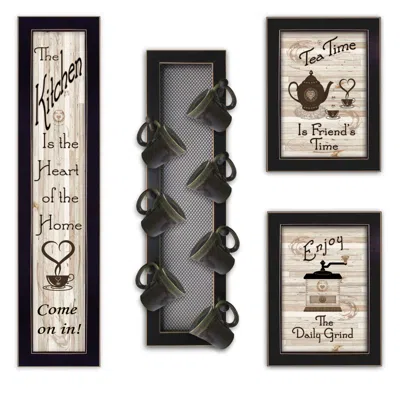 Homezia Set Of Four Kitchen Collection V With Seven Peg Mug Rack 3 Black Framed Print Kitchen Wall Art