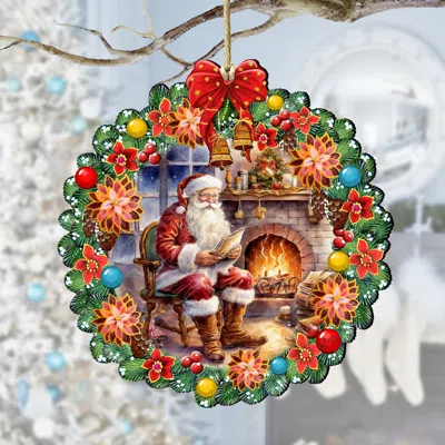 G. Debrekht Santa At The Fireplace Wreath Wooden Ornaments By