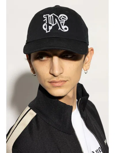 Palm Angels Black Baseball Cap With Embroidered Monogram In Black