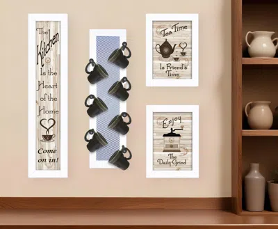 Homezia Set Of Four Kitchen Collection V With Seven Peg Mug Rack 4 White Framed Print Kitchen Wall Art