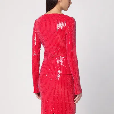 Rotate Birger Christensen Micro Sequin Red Sweater With Wide V-neck