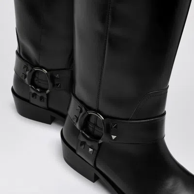 Valentino Rockstud Biker Knee-high Leather Boots In Black