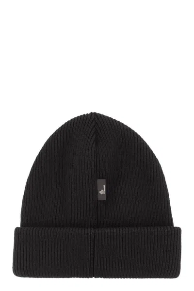 Moncler Grenoble Black Ribbed Beanie With Logo Patch In Wool Man In Black