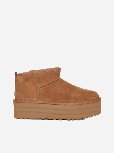 Ugg Classic Mini Platform Ankle Boots With Oversized Platform In Brown Suede For Women In Chestnut