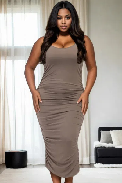 Fashnzfab Plus Size Square Neck Ruched Bodycon Midi Dress In Grey