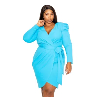 Fashnzfab Padded Shoulder Wrap Midi Dress In Blue