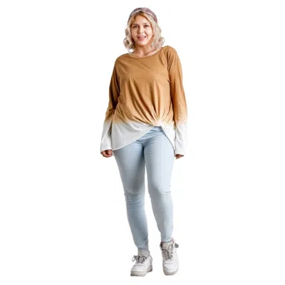 Fashnzfab Ombre Print Long Sleeve Top With Gathered Front Detail And Raw Hem In Brown