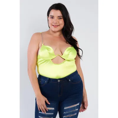 Fashnzfab Plus Size Silk Chain Spaghetti Strap High Thong Center Cut Out Bodysuit In Yellow