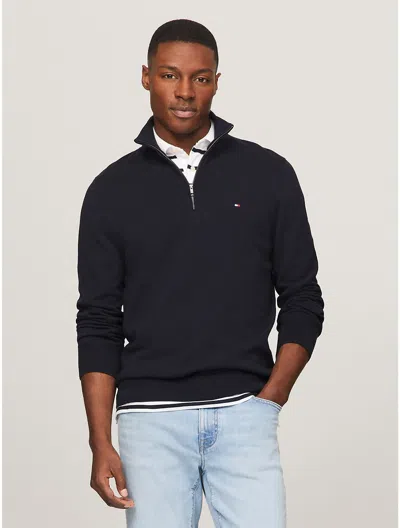 Tommy Hilfiger Essential Cotton Mens Half Zip Mock Sweatshirt In Blue
