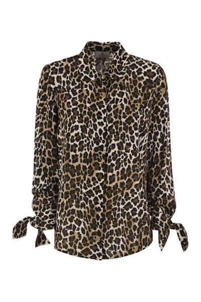 Elisabetta Franchi Ribbon Cuffs Animalier Printed Georgette Blouse In Brown