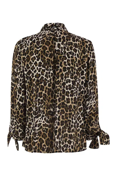Elisabetta Franchi Ribbon Cuffs Animalier Printed Georgette Blouse In Brown