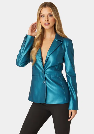 Bebe Tailored Metallic Vegan Leather Blazer In Deep Lagoon