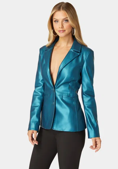 Bebe Tailored Metallic Vegan Leather Blazer In Deep Lagoon