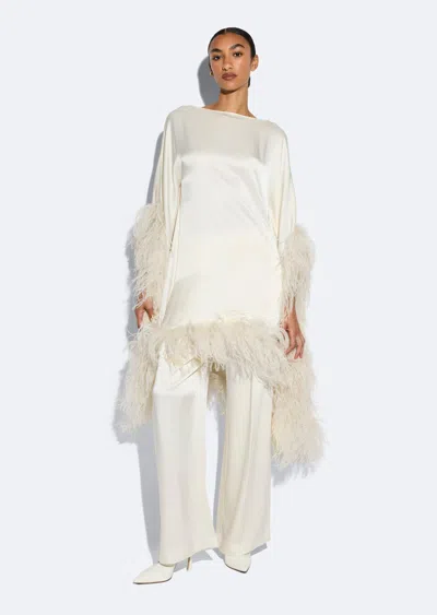 Lapointe Satin Cape Dress With Feathers In Cream