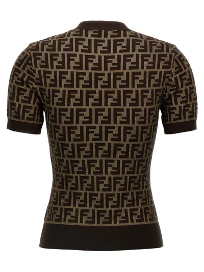Fendi Women Brown T-shirt With Short Sleeves And All-over Ff Motiv In Cotton Woman In Black