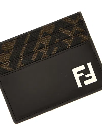 Fendi Brown Card-holder With Squared Ff Motif In Leather And Ff Canvas Man