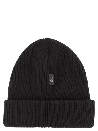 Moncler Grenoble Black Ribbed Beanie With Logo Patch In Wool Man In Black