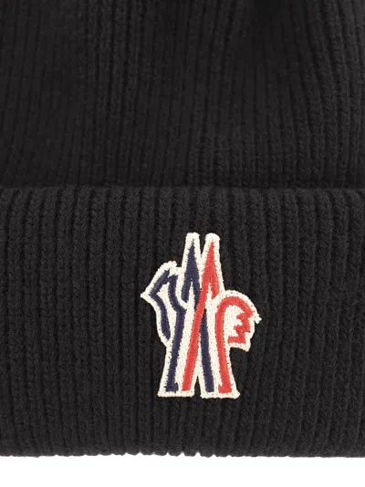 Moncler Grenoble Black Ribbed Beanie With Logo Patch In Wool Man In Black