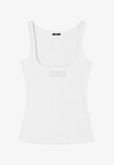 Versace 90s Vintage Logo Ribbed Knit Tank Top In White