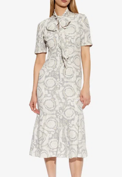 Versace Barocco Printed Crepe De Chine Dress In Gray