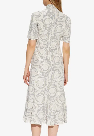 Versace Barocco Printed Crepe De Chine Dress In Gray