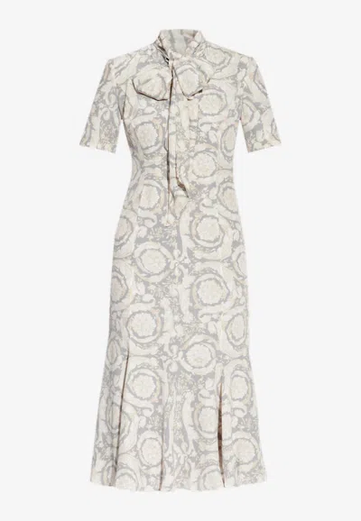 Versace Barocco Printed Crepe De Chine Dress In Gray