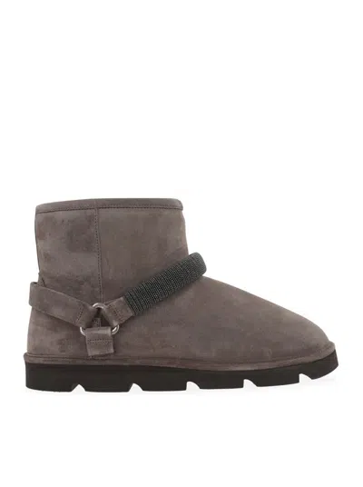 Brunello Cucinelli Suede Ankle Boots With Shearling Lining In Brown