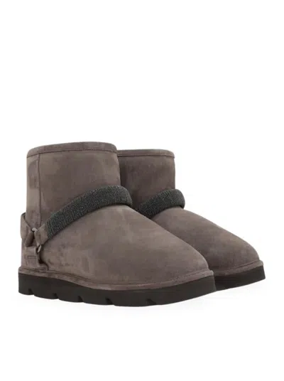 Brunello Cucinelli Suede Ankle Boots With Shearling Lining In Brown