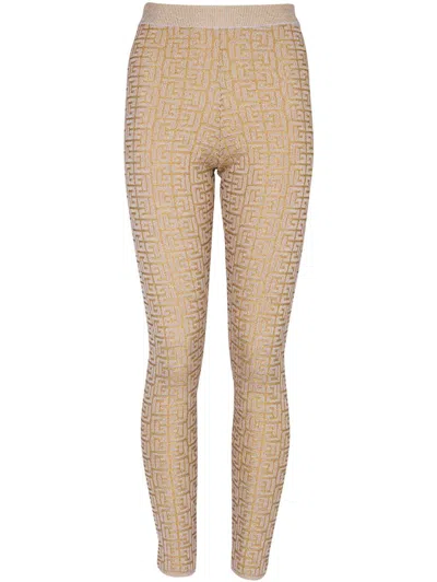 Balmain Ribbed Contrast Knit Leggings With High Waist In Brown