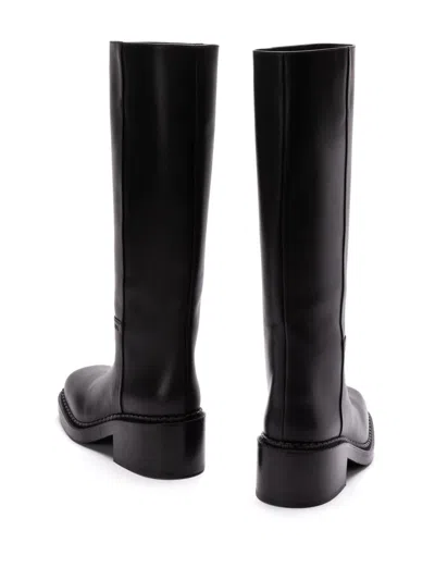 Prada Leather Square-toe Tall Moto Boots In Black