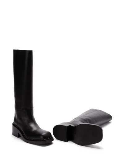 Prada Leather Square-toe Tall Moto Boots In Black