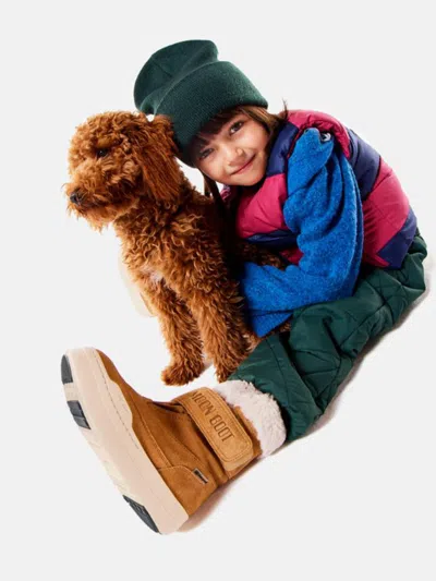 Moon Boot Girls Jr Strap Suede Boots In Beige