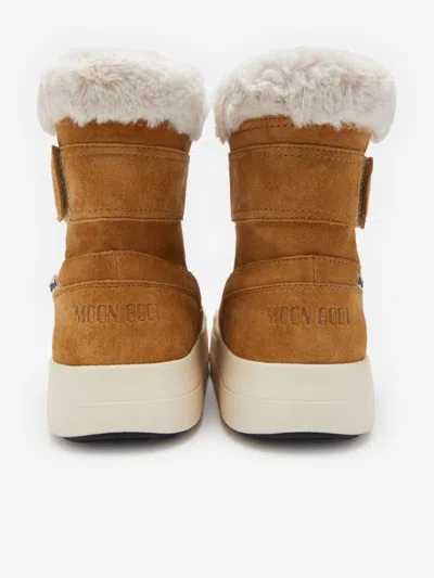 Moon Boot Girls Jr Strap Suede Boots In Beige