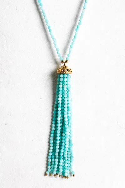 Rarities Womens Sterling Silver Gold Plated Faceted Amazonite Beaded Tassel Pendant Necklace 28" In Blue