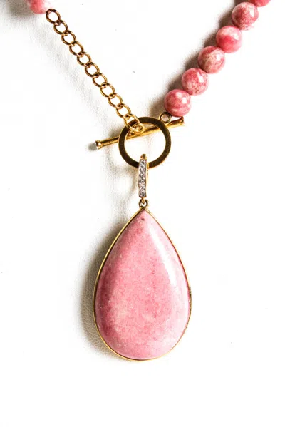 Rarities Womens Sterling Silver Yellow Gold Plated Cabochon Rhodonite Spinel Pave Necklace 18" In Pink