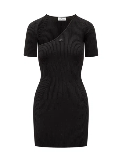 Courrèges Slash Mini Dress In Black Fabric Ribbed Knit In Black