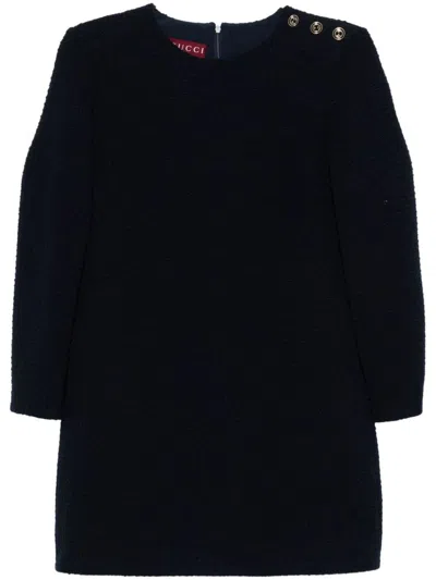 Gucci Dark Blue Checked Boucle Wool Dress In Blue