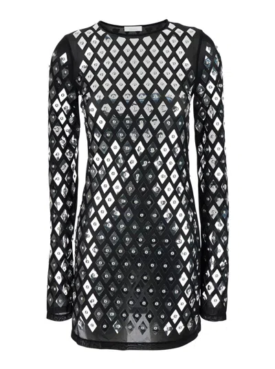 Rabanne Black Dress With Geometric All-over Pattern In Semi-transparent Polyamide Woman In Black
