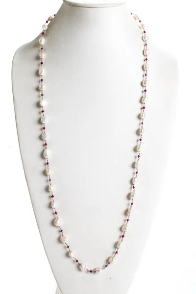 Rarities Womens Sterling Silver Pearl Ruby Beaded Long Necklace 36" 41 Grams In Silver
