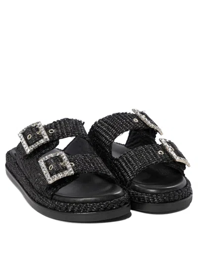 Alibi Greta Crystal Buckle Raffia Sandals In Black