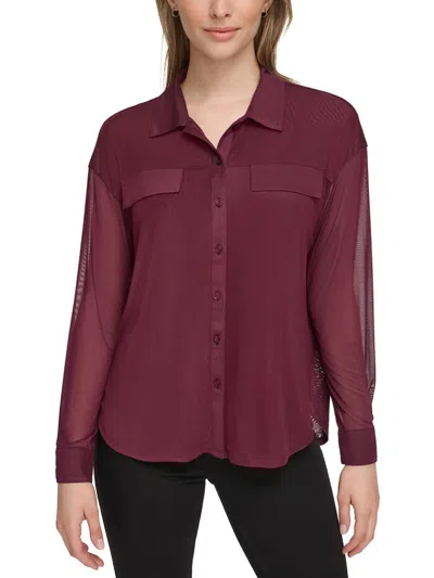 Calvin Klein Womens Mesh Long Sleeve Button-down Top In Red