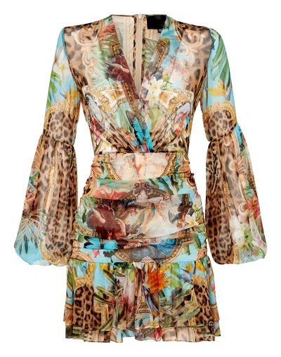 Shop Philipp Plein Georgette Short Dress Ls Baroque Flowers In Multi
