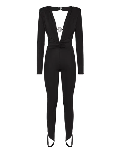 Philipp Plein Shoulder Padded Bodycon-design Jumpsuit In Black